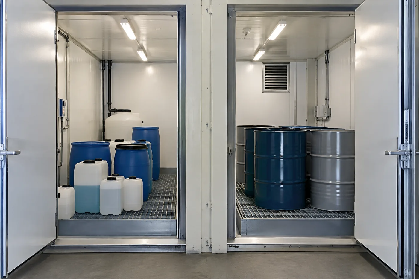 Chemical storage building split into two compartments by a solid wall, each with its own door and grated containment sump for incompatible chemicals