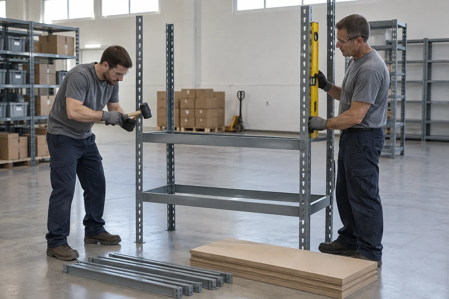 Two-person crew assembling a boltless rivet shelving bay, one checking the upright with a level while the other seats a beam with a rubber mallet