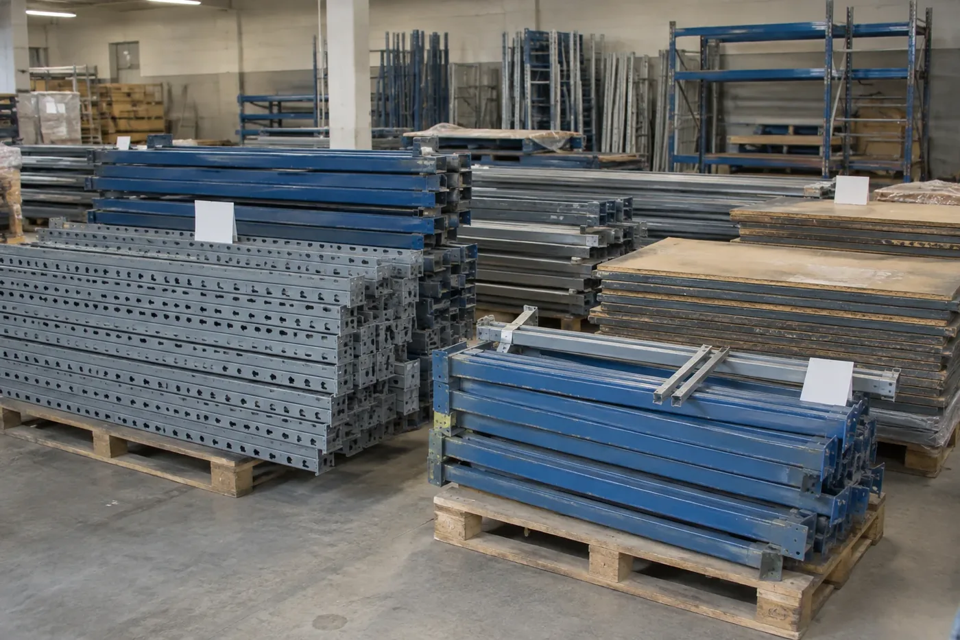 Used grey and blue steel shelving posts, beams and scratched particle board decks sorted on pallets in a surplus equipment warehouse