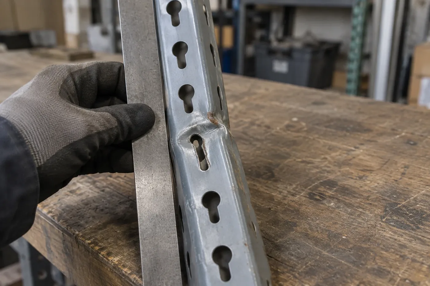 Gloved hand holding a straightedge against a used boltless shelving post with a dent, a slight bend and a stretched keyhole slot