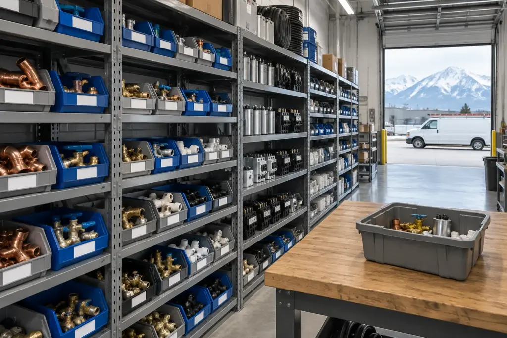 Gray steel bin shelving with labeled bins of copper fittings, brass valves, capacitors and contactors beside a kitting bench in a Utah HVAC and plumbing contractor parts room