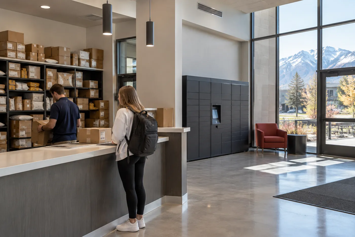 Residence hall front desk with packages stacked behind the counter next to a smart parcel locker bank in a Utah campus lobby
