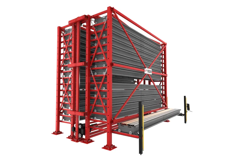 Vidir Dual-Tower Bar Stock VLS with two red storage towers, a central elevator and bar stock on the ground-level loading=
