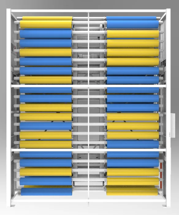 Front view of a Vidir Hollow Core Carousel showing two columns of sleeve carriers loaded with printing sleeves