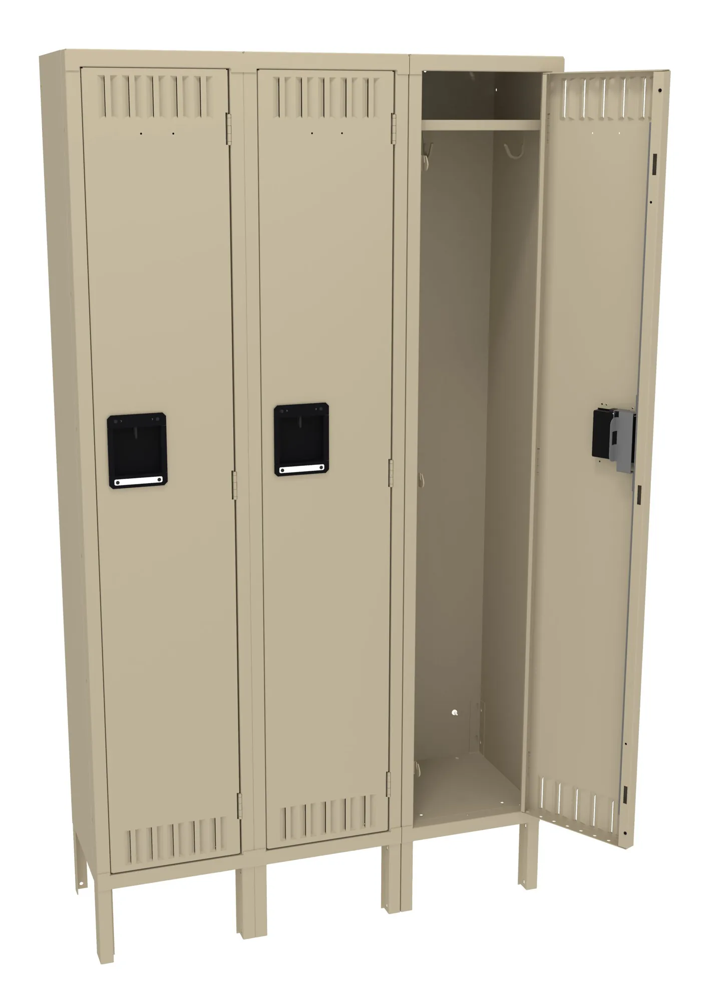 Tennsco 36″ W Three-Wide Unassembled Single Tier Locker With Legs, Sand – TO-STK-121260-3-SND