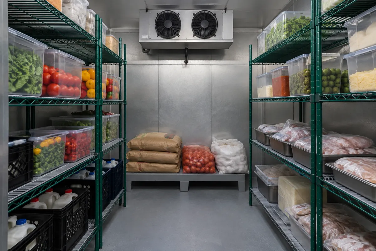 Walk-in cooler with green epoxy wire shelving and gray polymer shelf mats holding produce, food containers and dairy, with a dunnage rack on the floor