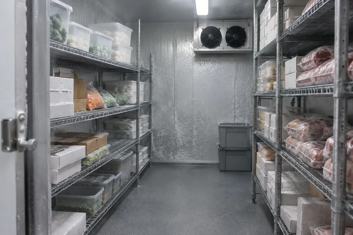 Walk-in freezer with gray epoxy coated wire shelving holding boxed frozen food and lidded bins above the floor