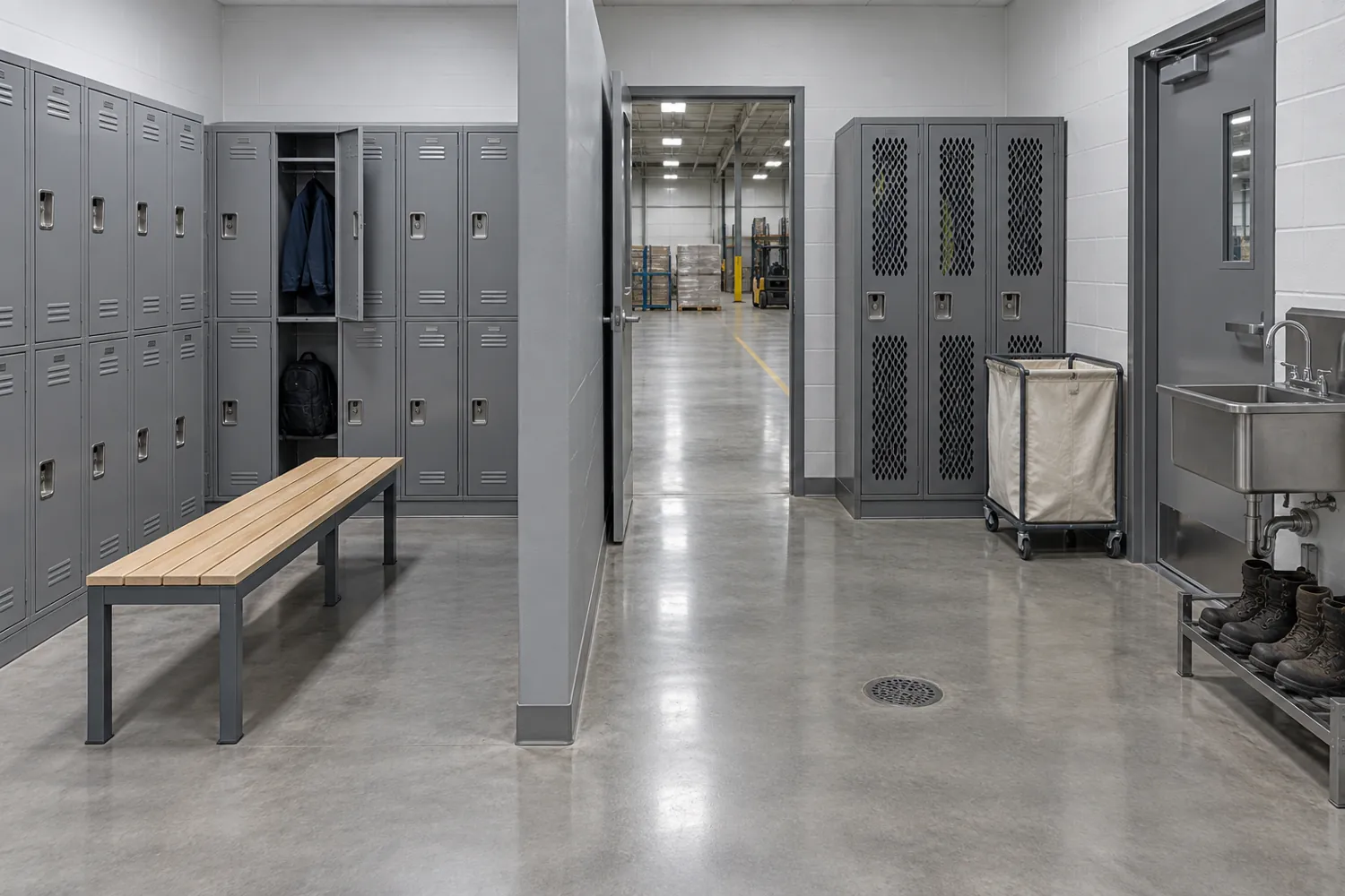 Warehouse change room split by a partition into a clean side with double-tier steel lockers and a bench and a work-clothing side with ventilated lockers, laundry hamper, boot rack and hand sink