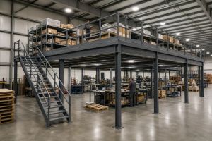 Steel warehouse mezzanine with stairs and guardrail holding carton storage above a workbench area