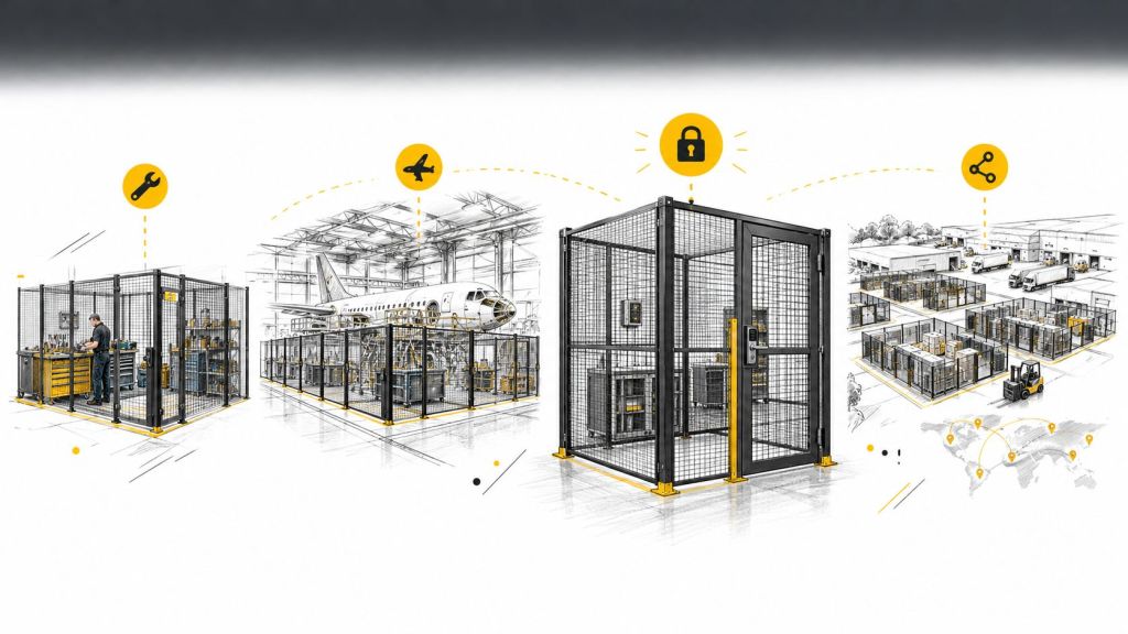 An illustration showing industrial security cages for tool storage, aircraft maintenance, and warehouse logistics distribution.