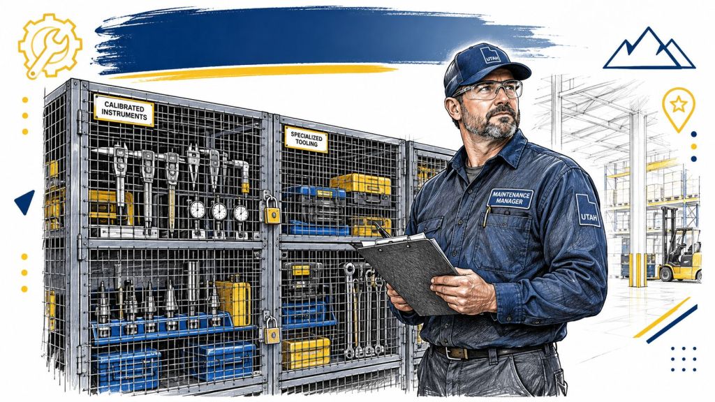 A professional maintenance manager reviews inventory in front of a secured industrial wire mesh storage tool cage.