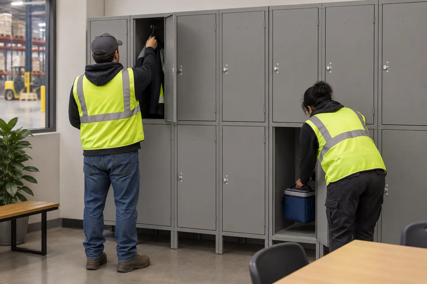 Two warehouse workers in hi-vis vests at shift change hanging a jacket and storing a lunch cooler in gray double-tier steel lockers
