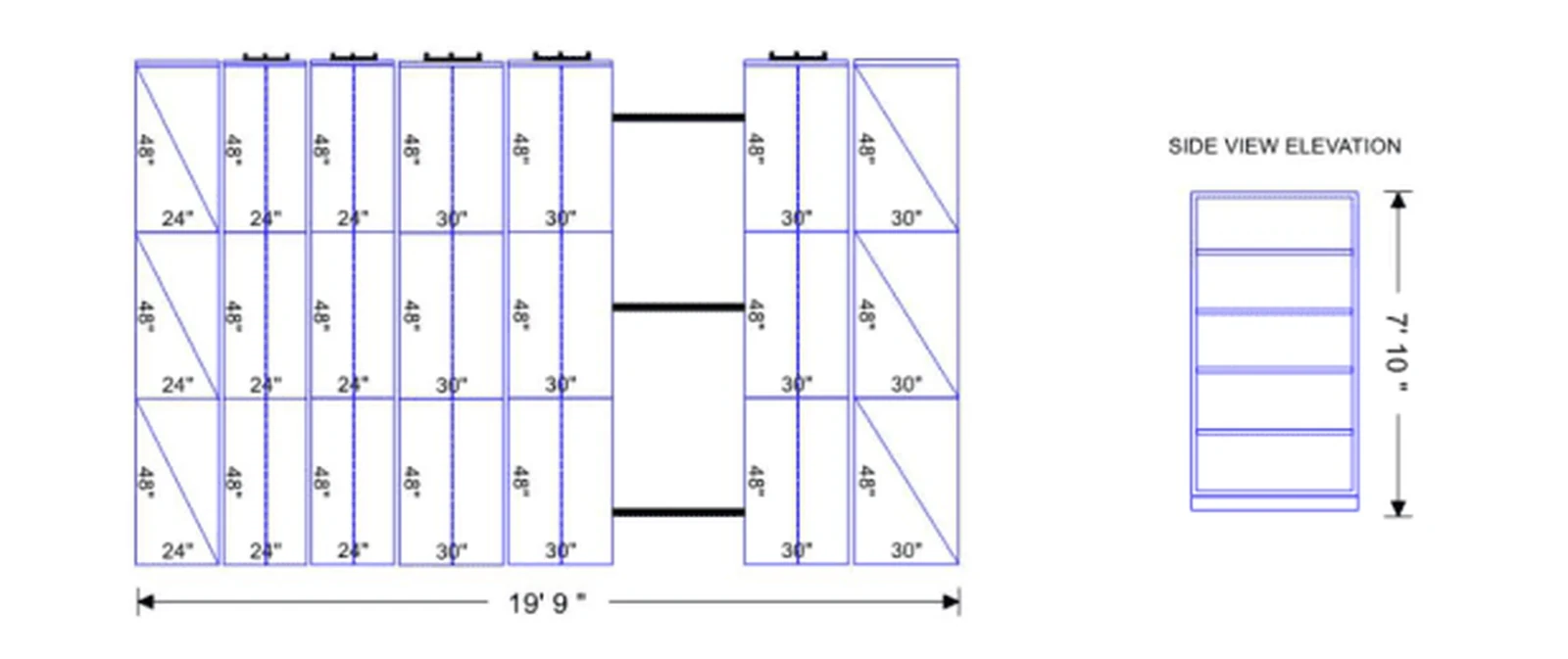 Plan view and side elevation from the mobile shelving layout drawing for the Weber State University athletics storage room in Ogden, Utah