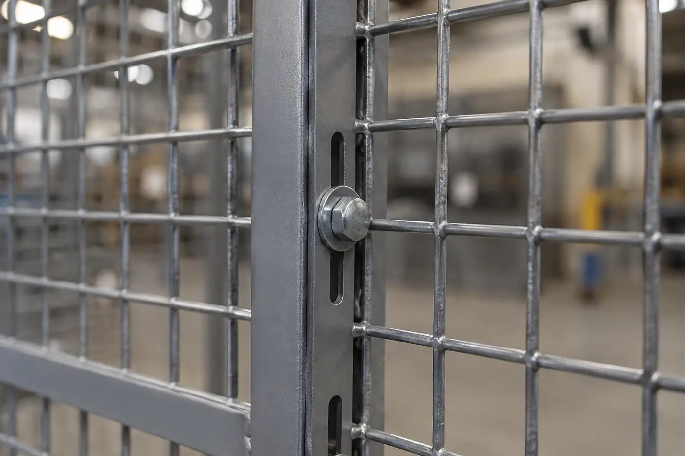 Close-up of heavy welded wire mesh with 2 inch square openings in a steel angle frame joined by a carriage bolt through slotted holes