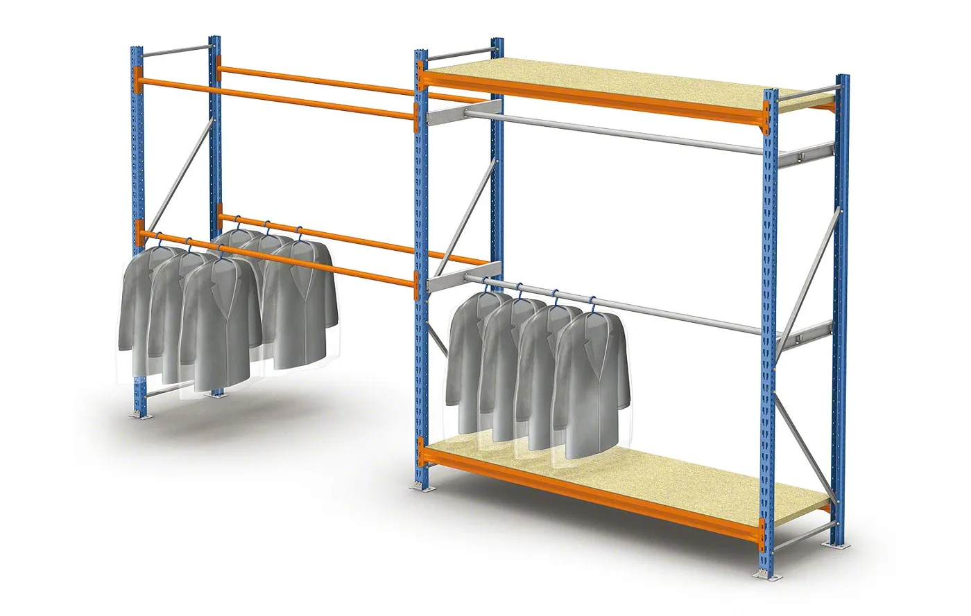 Wide span shelving bays fitted with hanging bars for garments, with a particleboard deck on top