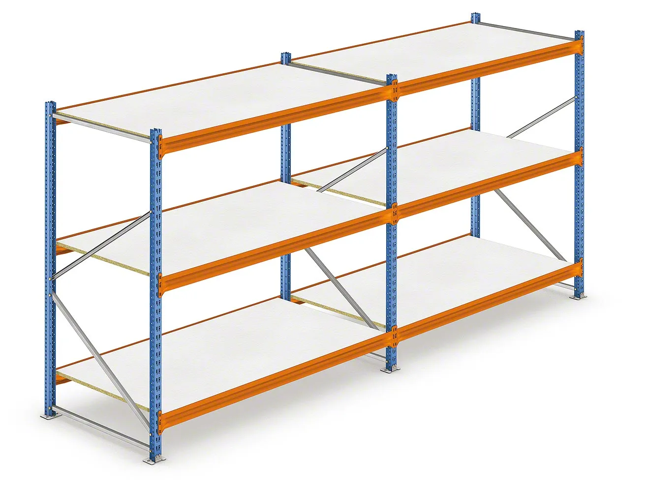 Two-bay wide span shelving unit with white galvanized steel shelf panels on orange Z beams