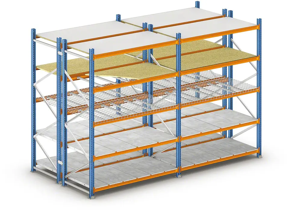 Two-bay wide span shelving unit with blue frames, orange beams and a mix of particleboard, wire mesh and steel decks
