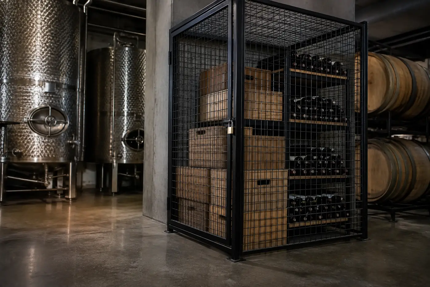 Black wire mesh storage cage with wooden wine cases and racked bottles in a winery cellar beside stainless steel tanks and oak barrels