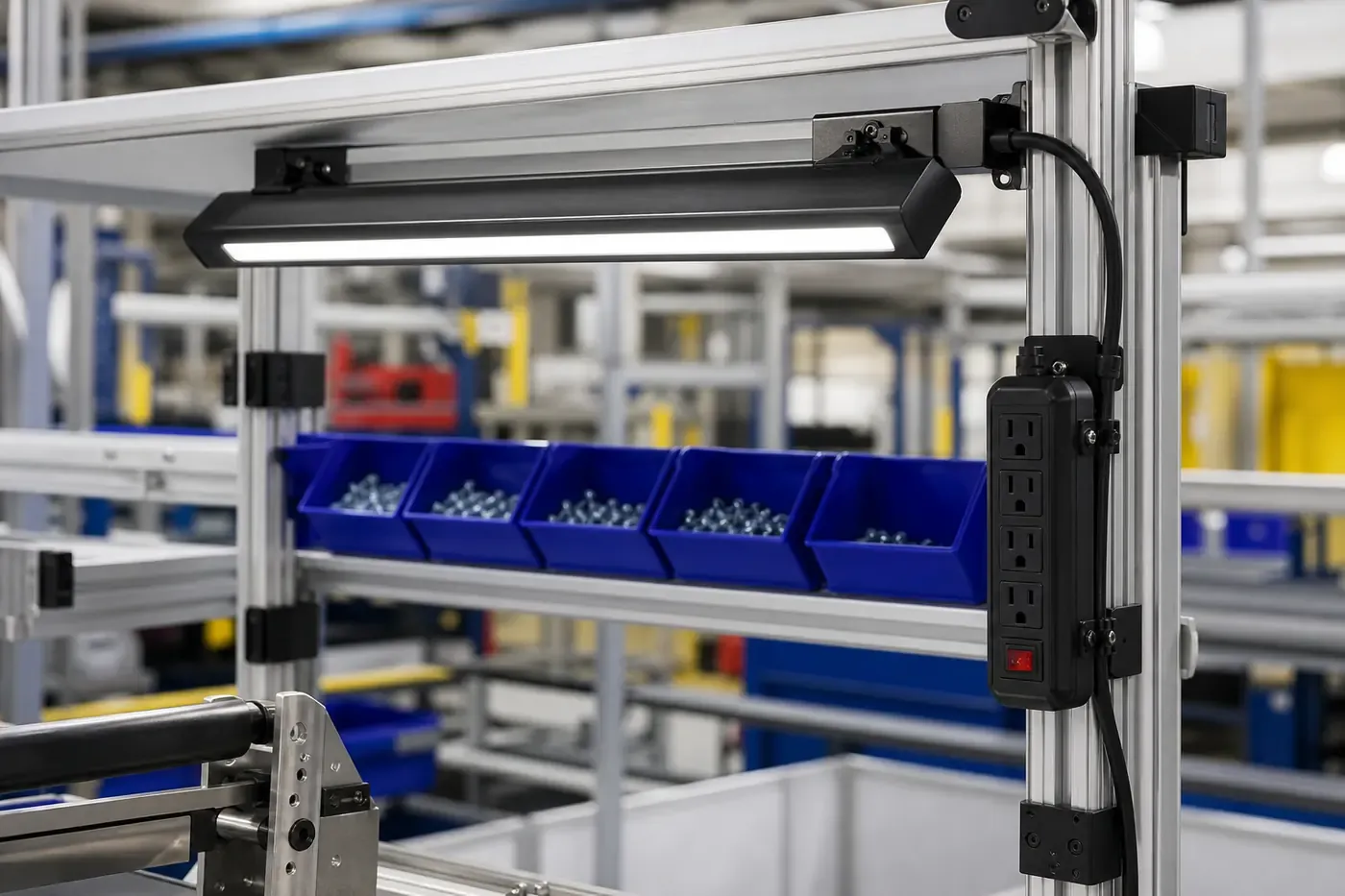 LED task light and outlet strip mounted on workstation uprights above a bin rail with parts bins