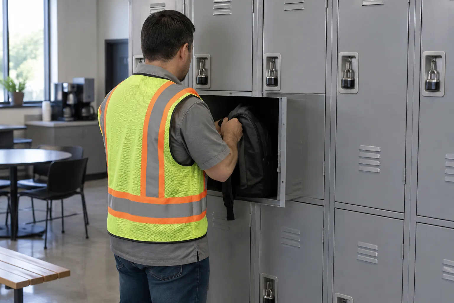 Warehouse employee in a safety vest placing a backpack in the middle compartment of a gray triple-tier steel locker