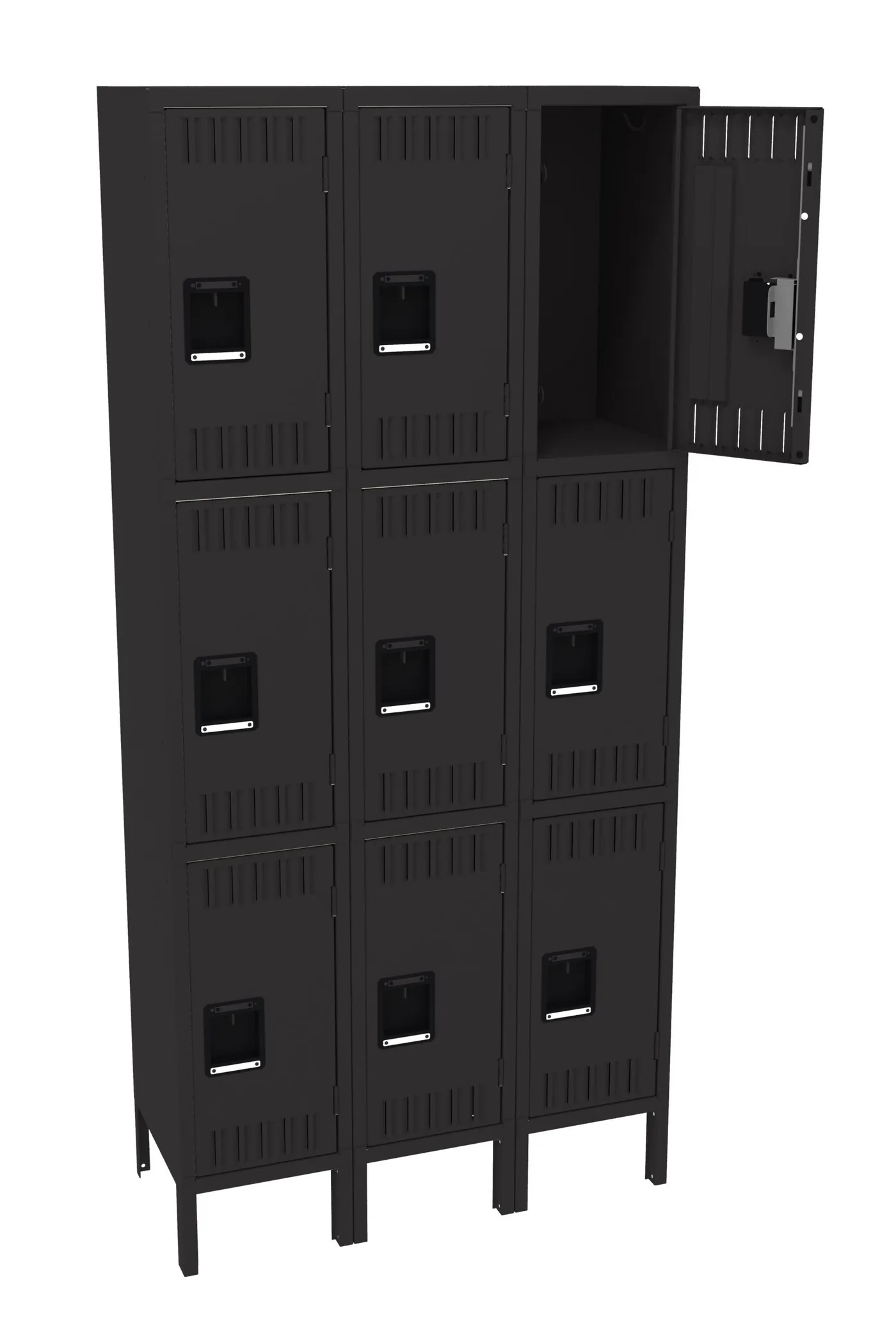 Tennsco 12" W Three-Wide Assembled Triple Tier Locker With Legs, Black - TO-TTS-121524-3-BLK