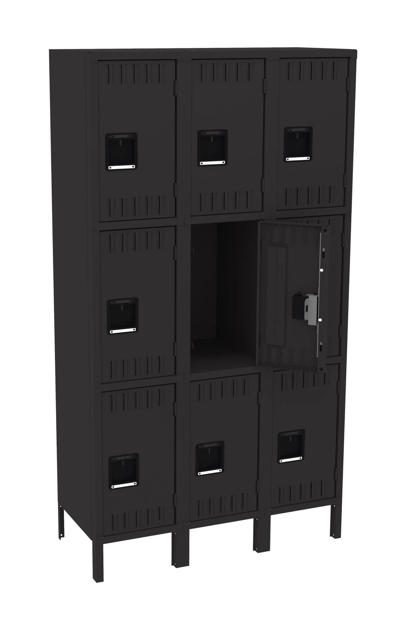 Tennsco 15 inch three-wide triple-tier steel locker in black on legs with nine doors