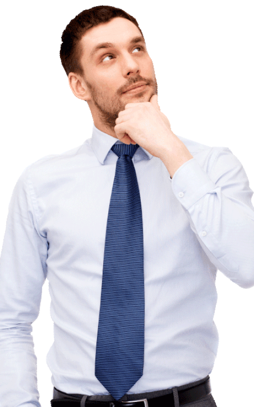 A man in a light blue dress shirt and blue tie stands with his hand on his chin, thoughtfully contemplating how Utah wire shelving might transform his home organization.