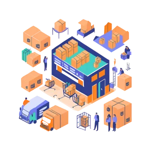 An illustration of a warehouse surrounded by boxes and shipping elements showcases wholesale supplies with delivery trucks, packages, and people working. The warehouse is central, with items organized around it, depicting a logistics and supply chain operation.