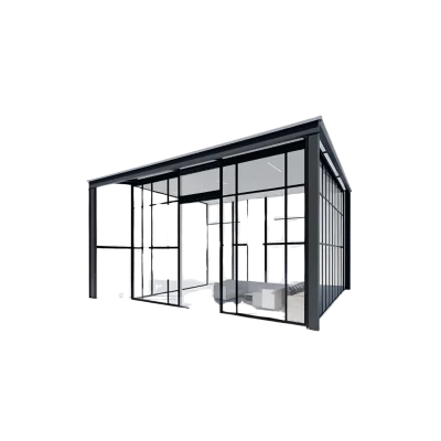 A 3D rendering of a modern, rectangular glass building with a slanted roof and metal framework. The building features large panes of reflective glass on all sides, offering a sleek, contemporary design and an open interior space.