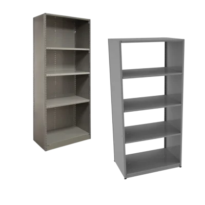 Two tall metal tailored shelving solutions units are displayed side by side. The left unit is darker with four shelves, while the right unit is lighter with three shelves. Both units are freestanding and have a simple, industrial design.